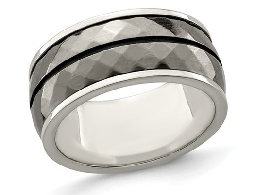 Mens Faceted Sterling Silver Wedding Band Ring with Black Titanium Stripe (10mm)