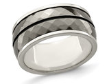 Mens Faceted Sterling Silver Wedding Band Ring with Black Titanium Stripe (10mm)