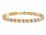 10K Yellow, White and Rose Gold Polished and Satin Link Bracelet (7.5 Inches)