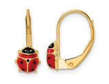 14K Yellow Gold Heart Leverback Earrings with Enameled Lady Bugs