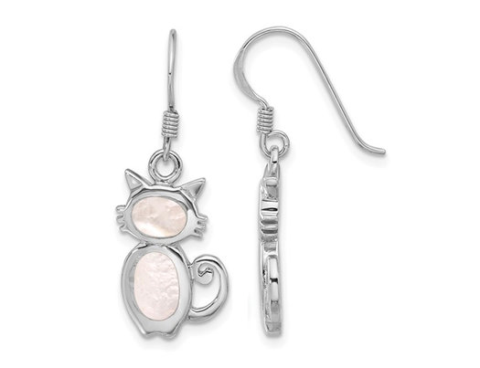 Mother of Pearl Cat Dangle Earrings in Sterling Silver