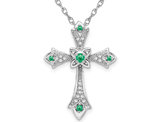 1/12 Carat (ctw) Emerald Cross Pendant Necklace 10K White Gold with Accent Diamonds and Chain