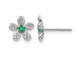 14K White Gold Flower Emerald and Diamond Stud Post Earrings