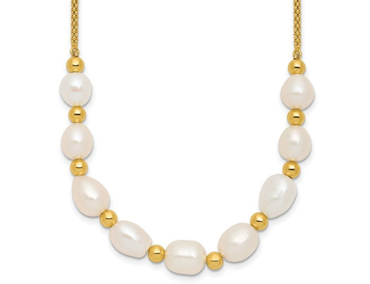 Yellow Sterling Silver 7.7mm White Freshwater Cultured Pearl Necklace (16 Inches)