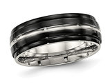Men's Black Plated Stainless Steel Ridged Wedding Band Ring (8.0mm)