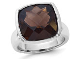Large 22 Carat (ctw) Cushion-Cut Smoky Quartz Ring in Polished Sterling Silver
