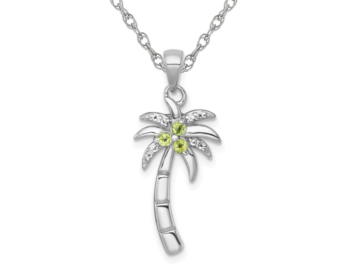 Sterling Silver Palm Tree Pendant Necklace with Peridot and Chain