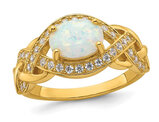Yellow Plated Sterling Silver Lab-Created Opal Ring with Synthetic Cubic Zirconias