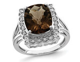 5.45 Carat (ctw) Cushion-Cut Smoky Quartz Ring Sterling Silver with Diamonds 1/8 carat (ctw)