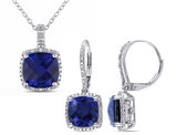 12.20 Carat (ctw) Lab-Created Blue Sapphire Pendant and Earrings Set in Sterling Silver with Diamonds
