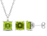 7.20 Carat (ctw) Square Peridot Solitaire Earrings and Pendant Set in Sterling Silver
