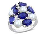 7.00 Carat (ctw) Lab-Created Blue and White Sapphire with Freshwater Cultured Pearls Ring Sterling Silver