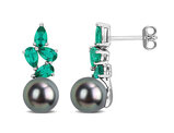 8-8.5mm Black Tahitian cultured Pearl and Lab Created Emerald Earrings in Sterling Silver