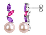 8-8.5mm Freshwater Cultured Pearl, Pink Topaz and African Amethyst Earrings in Sterling Silver