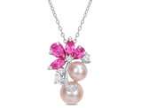 3.13 Carat (ctw) Lab-Created Pink and White Sapphire, Freshwater Cultured Pearl Necklace Pendant Silver with Chain