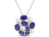 7.08 Carat (ctw) Lab-Created Blue and White Sapphire, Freshwatere Cultured Pearl Necklace Pendant Silver with Chain