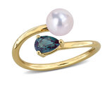3/5 Carat (ctw) Lab-Created Alexandrite and Freshwater Cultured Pearl Ring Yellow Sterling Silver