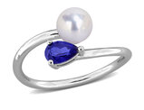 2/3 Carat (ctw) Lab-Created Blue Sapphire Freshwater Cultured Pearl Ring Sterling Silver