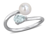 2/5 Carat (ctw) Aquamarine and Freshwater Cultured Pearl Ring Sterling Silver