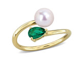 2/5 Carat (ctw) Lab-Created Emerald and Freshwater Cultured Pearl Ring Yellow Sterling Silver
