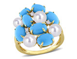5.60 Carat (ctw) Lab-Created Turquoise and White Sapphire with Freshwater Cultured Pearls Ring Yellow Sterling Silver