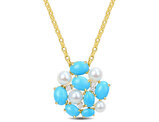 5.55 Carat (ctw) Lab-Created Turquoise,and White Sapphire, Freshwater Cultured Pearl Necklace Pendant Silver with Chain