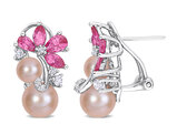 4.26 Carat (ctw) Lab-Created Pink Sapphire and White Sapphire Cultured Freshwater Pearl Earrings in Sterling Silver