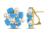 11.20 Carat (ctw) Lab-Created Turquoise and White Sapphire and Freshwater Pearl Earrings Yellow Sterling Silver