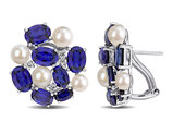 14.10 Carat (ctw) Lab-Created Blue and White Sapphire and Freshwater Pearl Earrings Sterling Silver