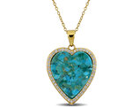 4.29 Carat (ctw) Compressed Turquoise and White Sapphire Heart Necklace Pendant Yellow Silver with Chain