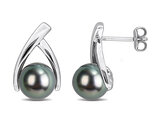 8-8.5mm Round Black Tahitian Pearl Post Earrings Sterling Silver 