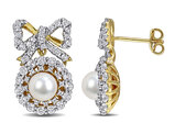 2.21 Carat (ctw) White Topaz and  Freshwater Cultured Pearl Bow Dangle Earrings in Yellow Sterling Silver
