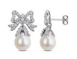 1.36 Carat (ctw) White Topaz and Freshwater Cultured Pearl Bow Dangle Earrings in Yellow Sterling Silver