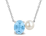 2.5 Carat (ctw) Blue Topaz and White Freshwater Cultured Pearl Necklace Sterling Silver