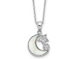 Sterling Silver Moon and Star Charm Pendant Necklace with Lab Created Opal Inlay and Cubic Zirconias