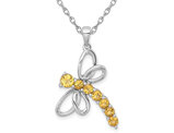 Yellow Citrine Dragonfly Charm Pendant Necklace 1.00 Carat (ctw) Sterling Silver with Chain