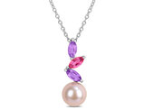2/3 Carat (ctw) Africa-Amethyst and Pink Topaz Freshwater Pearl Necklace Pendant Sterling Silver with Chain