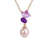 1.00 Carat (ctw) Africa-Amethyst and Rose-De-France Freshwater Pearl Necklace Pendant Sterling Silver with Chain