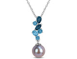 1.00 Carat (ctw) London Blue Topaz and Black Freshwater Pearl Necklace Pendant Sterling Silver with Chain
