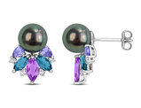 2.50 Carat (ctw) London Blue Topaz, Africa Amethyst, Tanzanite Earrings in Sterling Silver with Black Tahitian Pearls