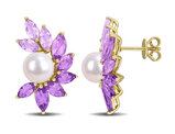 6.74 Carat (ctw) Africa Amethyst and Rose-De-France Freshwater Pearl Earrings Yellow Sterling Silver