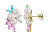 4.50 Carat (ctw) Blue Topaz, Green Quartz and Rose-De-France Pearl Earrings Yellow Sterling Silver