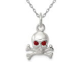 Sterling Silver Polished Skull Pendant Necklace with Chain and Red Cubic Zirconias