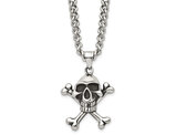 Stainless Steel Antiqued Polished Skull and CrossBones Pendant Necklace with Curb Chain (24 Inches)