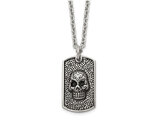 Mens Stainless Steel Antiqued Skull Dog Tag Pendant Necklace with Chain (24 Inches)