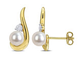 1/3 Carat (ctw) Lab-Created White Sapphire and Freshwater Cultured Pearl Dangle Earrings Yellow Sterling Silver