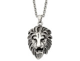 Stainless Steel Antiqued Lion Head Charm Pendant Necklace with Chain