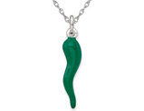 Green Enamel Italian Horn Pendant Necklace in Sterling Silver