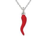 Red Enamel Italian Horn Pendant Necklace in Sterling Silver