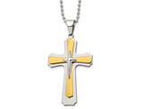 Men's Yellow Plated Two Tone Stainless Steel Cross Necklace with Chain (22 inches)